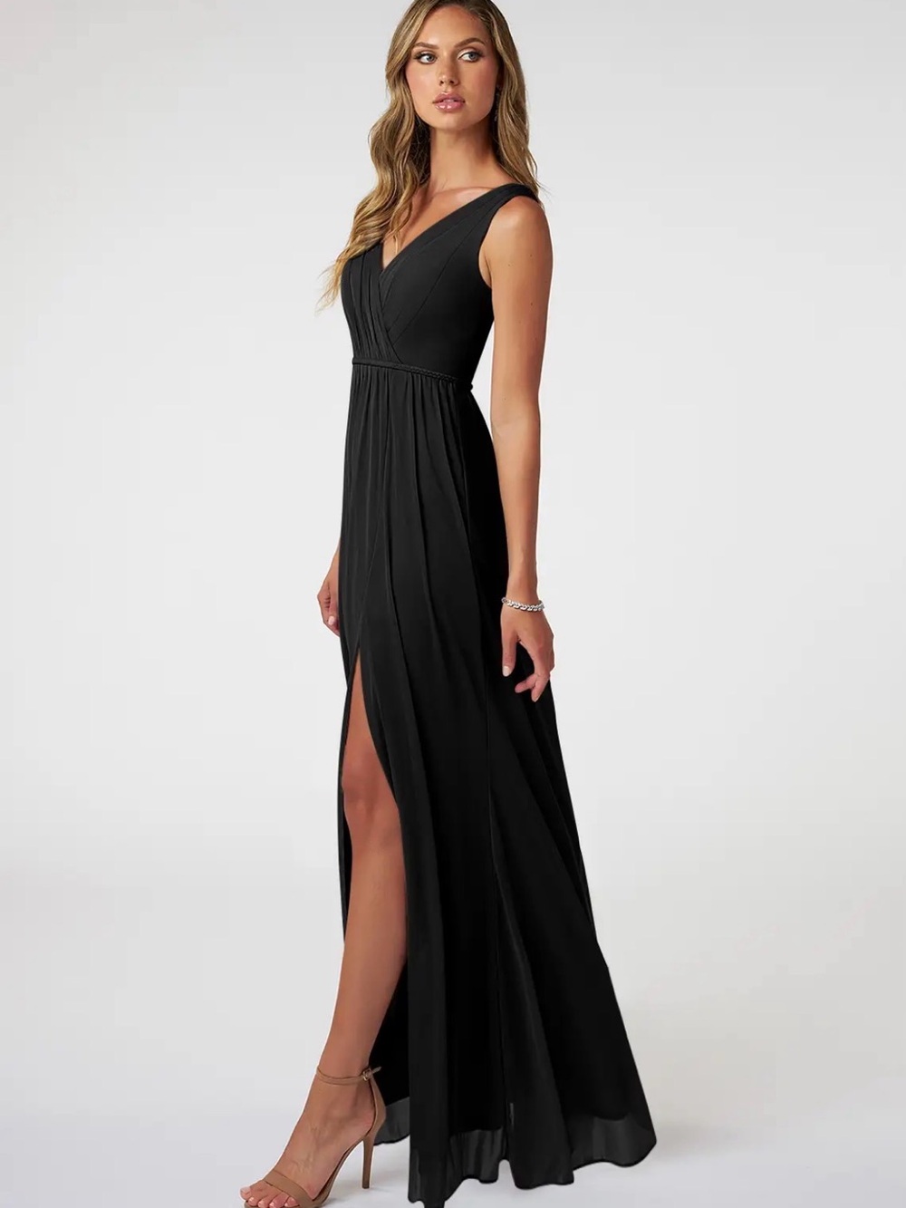 Azazie Tanicia Black V-Neck Slit Evening Gown - Picture 3 of 8